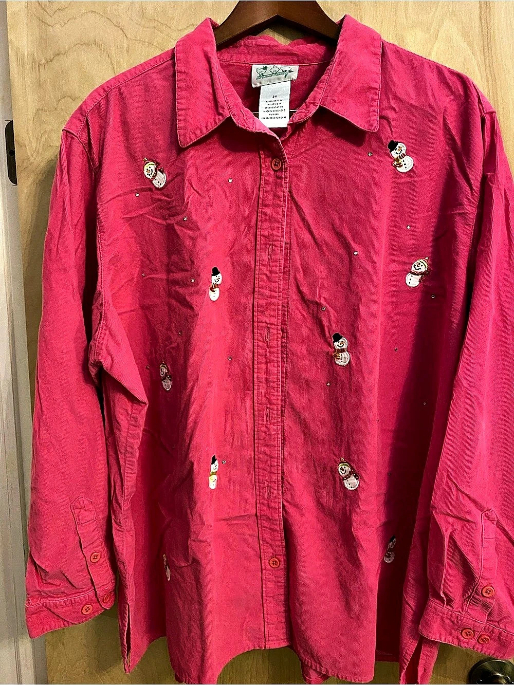 Quacker Factory Pink Corduroy Snowman Shirt 2X Rhinestone Embroidered Holiday